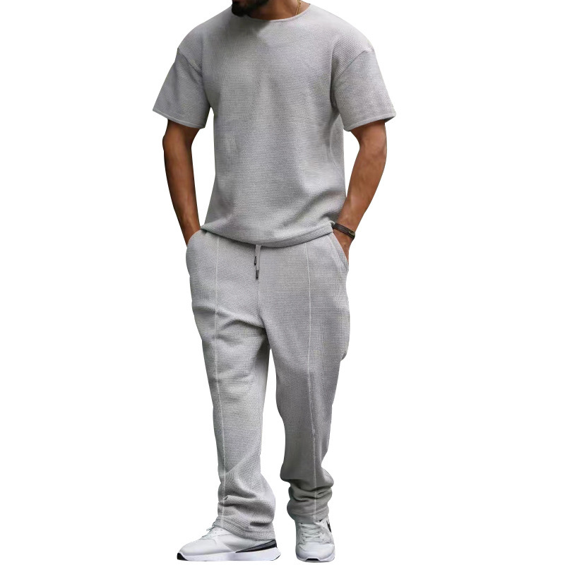 men's short-sleeved trousers suit heavyweight waffle oversize large size round neck casual suit_voghion.com