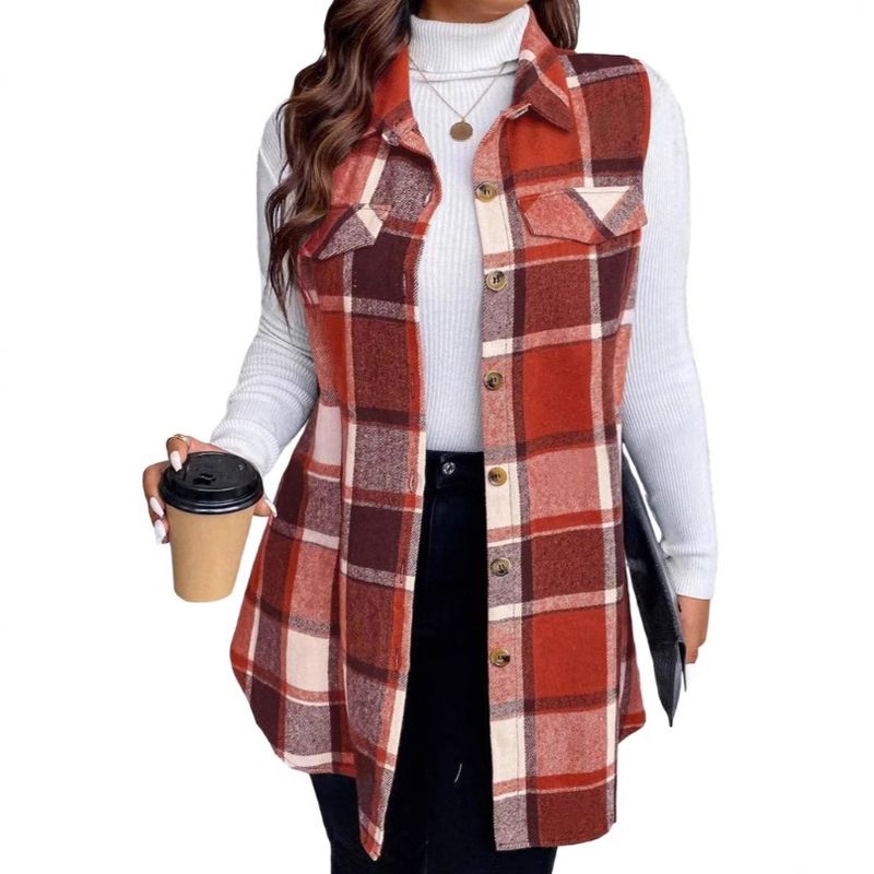 Verve Autumn Winter New Women's Fashion Plaid Sleeveless Turn-down Collar Side Pocket Shirt Vest_voghion.com