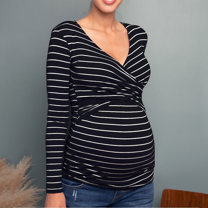 Spring and Autumn Pregnant Women's Deep V-neck Long Sleeve Printed Cross Breastfeeding Care T-shirt_voghion.com
