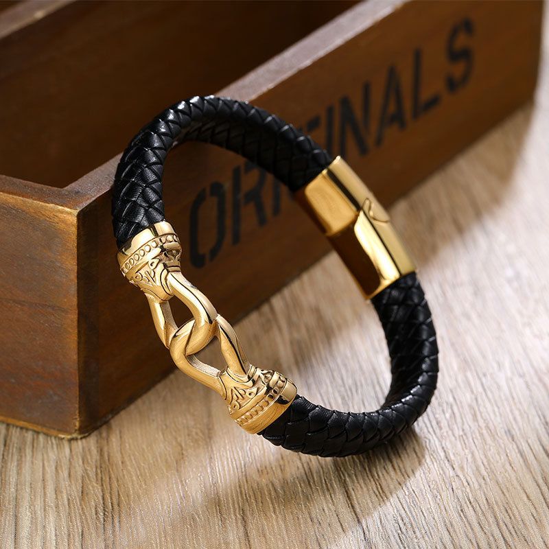 Men's Jewelry Leather Rope Bracelet Cross Anchor Stainless Steel Vacuum Gold Men's Braided Bracelet_voghion.com