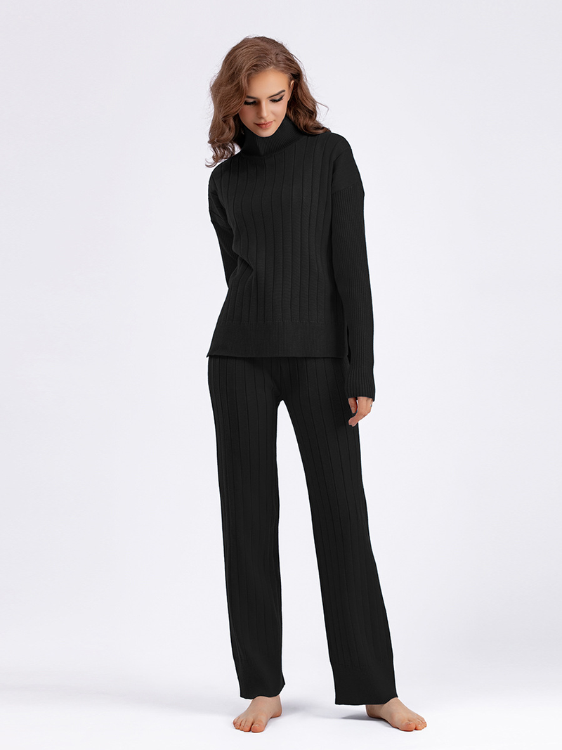 Damen-Pit-Strip-Halb-Rollkragenpullover-Set, einfarbig, lockerer, warmer Bezug, die ersten beiden Sets_voghion.com