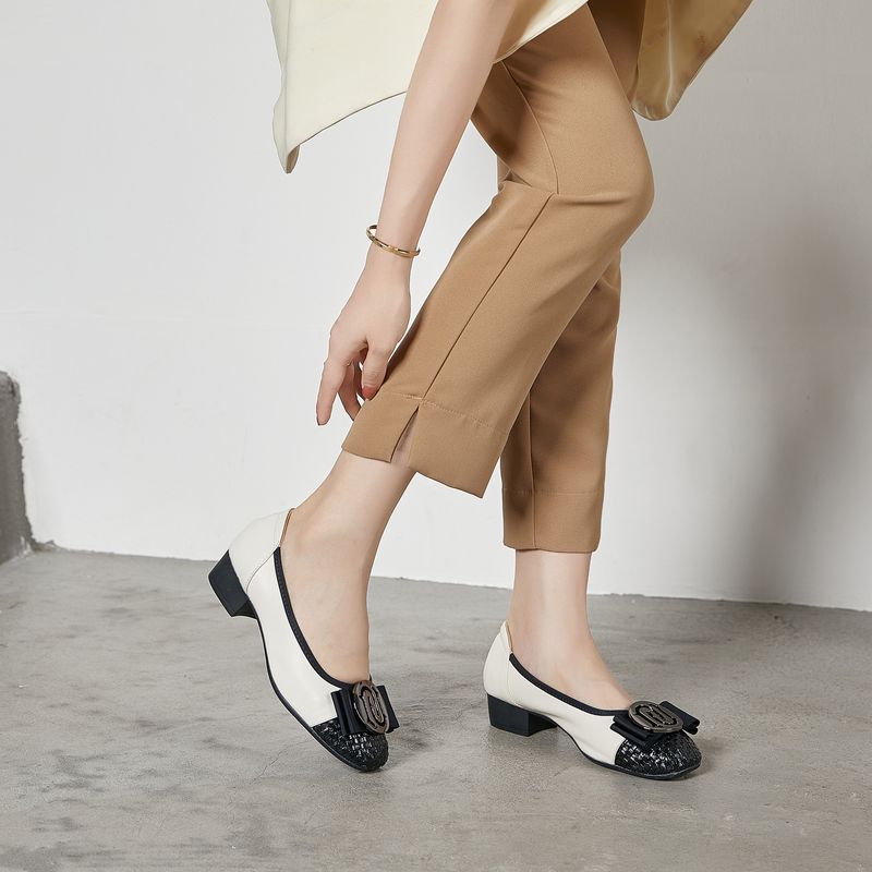 First Layer Cowhide Handwoven Shallow Mouth Single For Women Spring Summer Low Heel Business Commuting Elegant Genuine_voghion.com