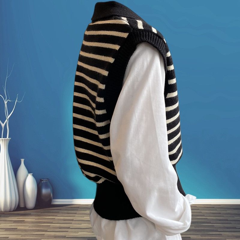 Gestreifter Pullover 2024 Frühjahr neue koreanische Version lässige lose ärmellose Weste für Frauen_voghion.com