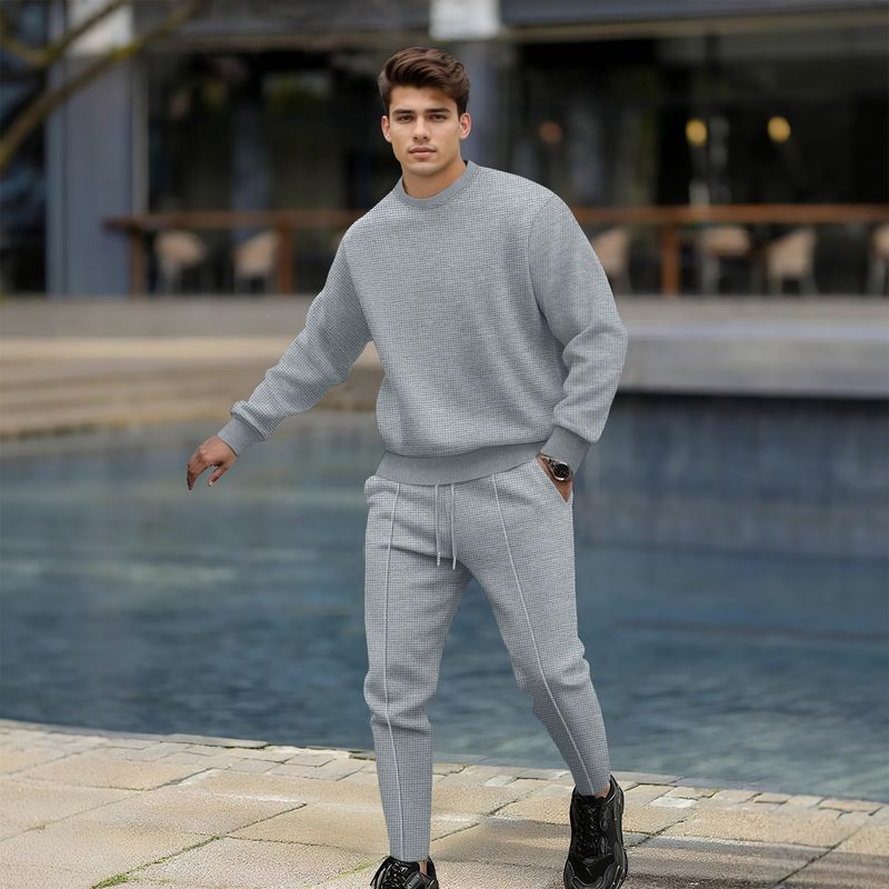 Men's Clothing Streetwear Waffle Knit Tracksuit Set - High Fashion Casual Jogger & Long Sleeve Top | Trendy Two-Piece Outfit In White/Grey/Black/Khaki_voghion.com