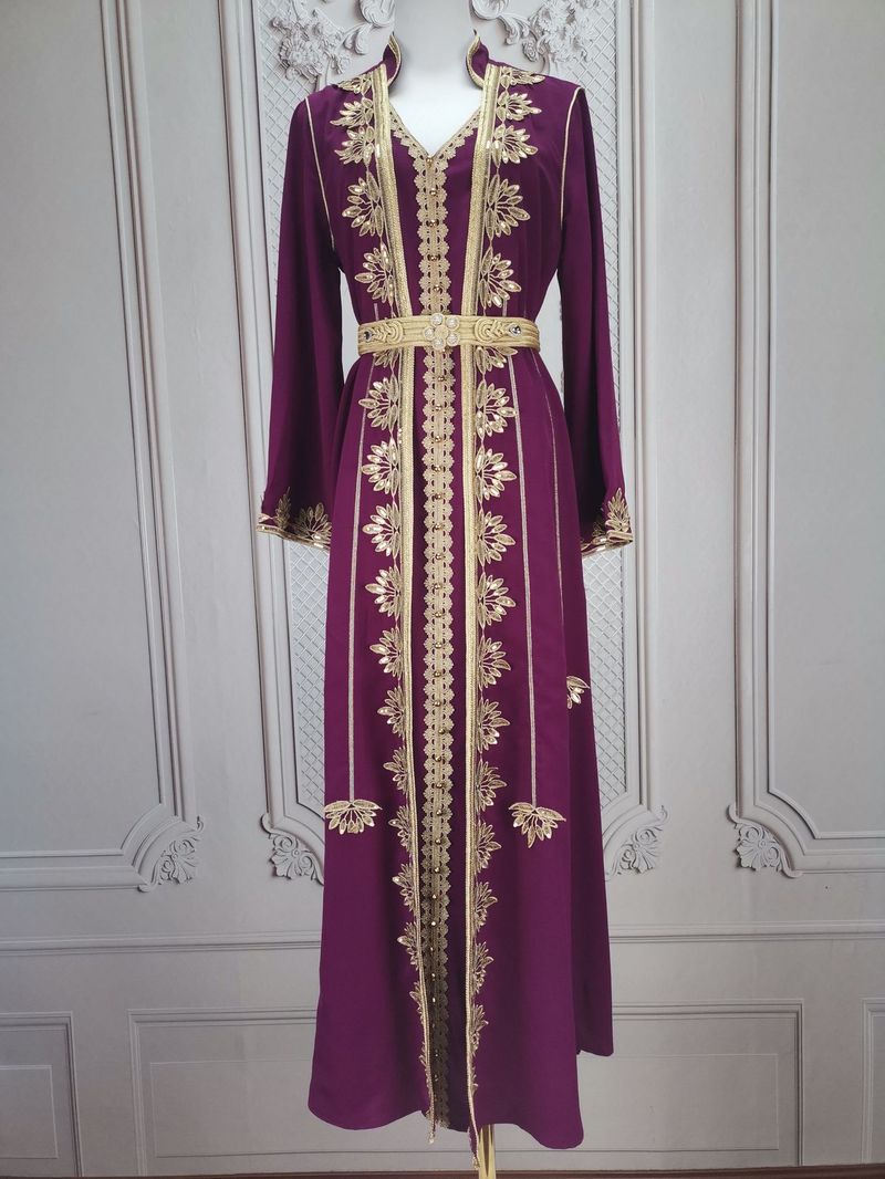 Elegantes muslimisches Abaya-Kleid mit Stickerei und Perlenbesatz – Langärmliges, schlichtes zweiteiliges Set für Damen, bequemer Polyesterstoff_voghion.com