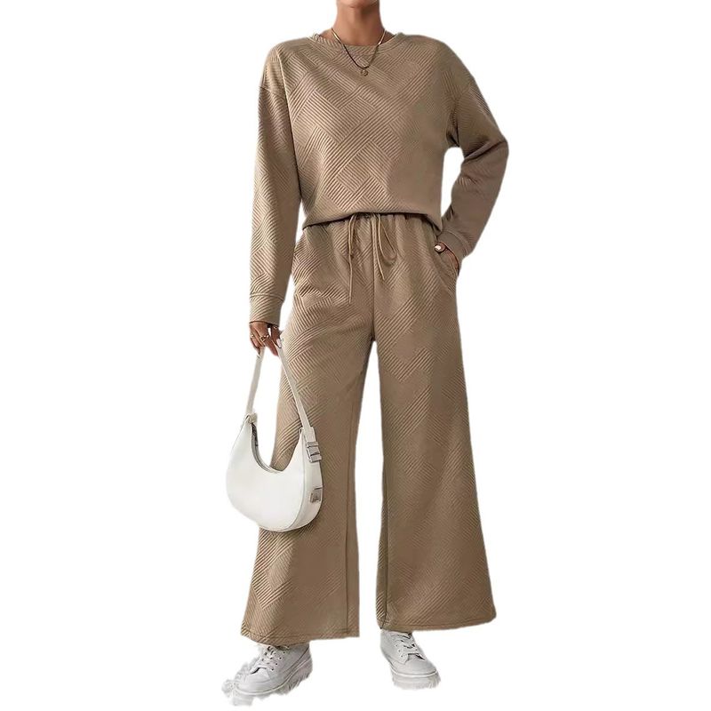 Terno casual solto simples de cor sólida, outono inverno, novo, texturizado, com cordão, roupa esportiva para mulheres, 2025_voghion.com