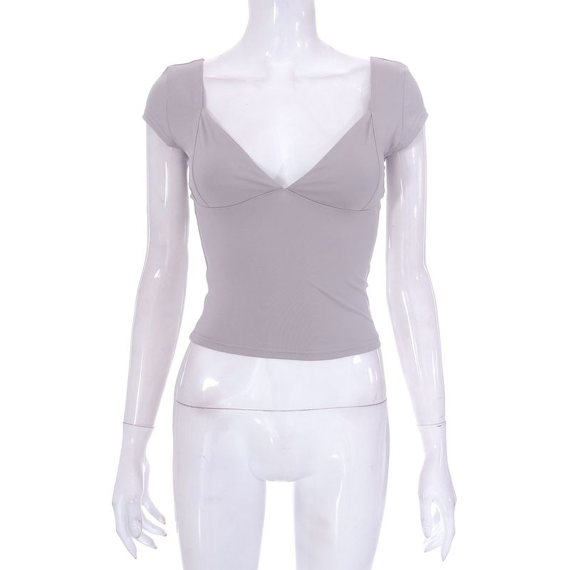 Abbigliamento donna nuovi top casual a maniche corte scollati in tinta unita_voghion.com