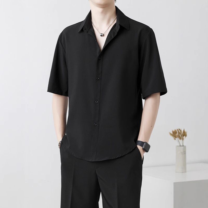 Camicia a maniche corte sottile in seta ghiacciata estiva da uomo, alla moda, casual, da lavoro, premium, a mezza manica_voghion.com