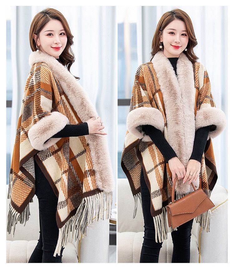Cappotto maglione cardigan da donna di grandi dimensioni con colletto in lana scozzese sciolto con nappe lavorate a maglia, mantella con scialle_voghion.com