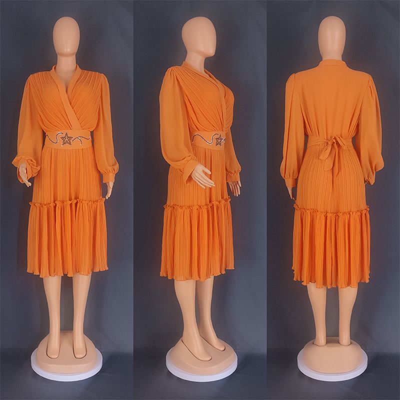 Langärmliger Faltenrock für Damen, unabhängige Station, hohe Taille, Außenhandel, lockeres Kleid in großer Größe (freier Gürtel) 8835_voghion.com