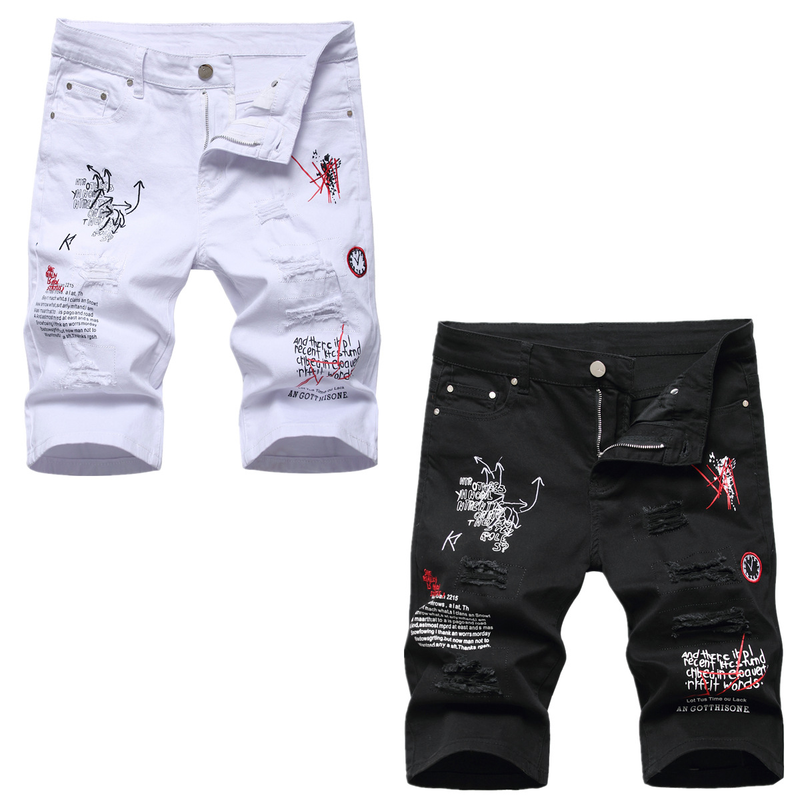 Man's clothing Light printed ripped embroidered denim shorts Men's slim stretch capri Hipster medium_voghion.com