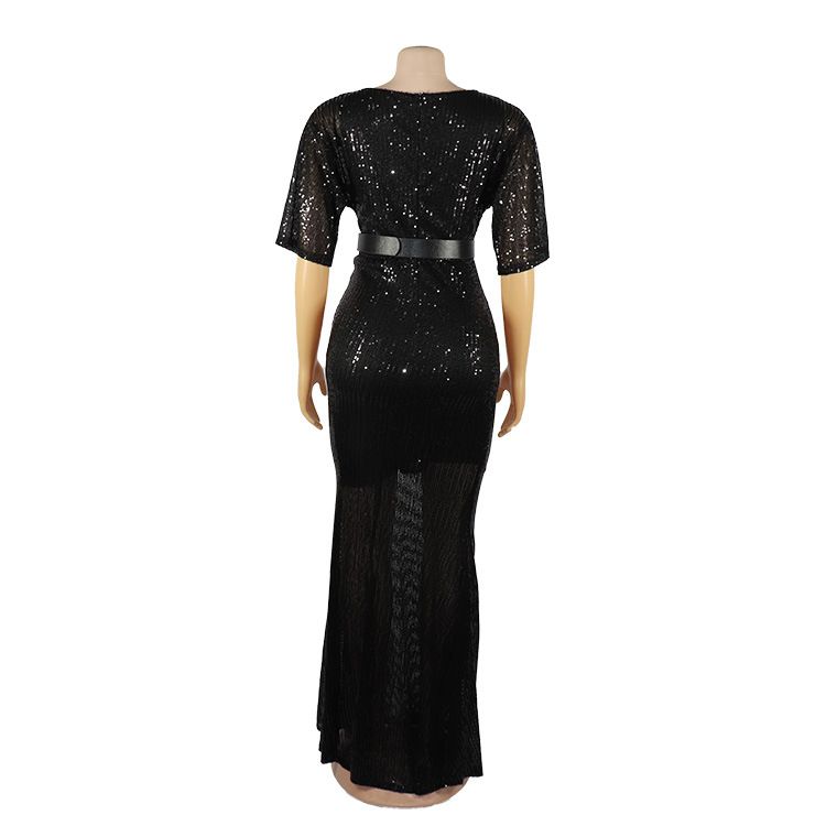 Women's Clothing Elegant Temperament Women's Dress High Elastic Sequins V Neck_voghion.com