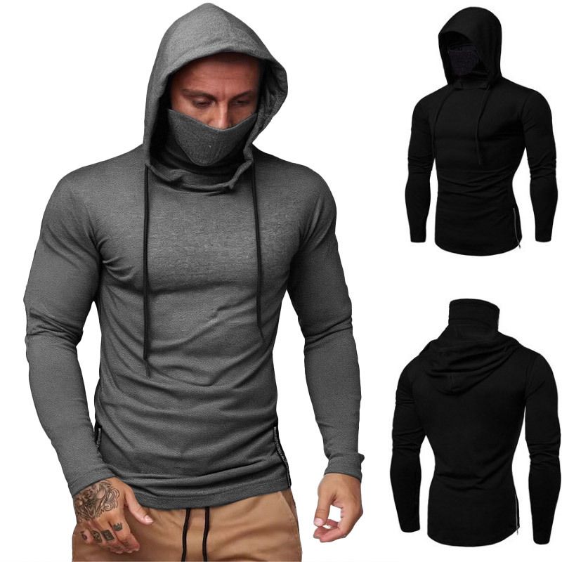 Performance-Rollkragenpullover mit Kapuze für Herren – Slim Fit, langärmliges Baselayer mit Gesichtsmaske, unverzichtbar für Fitnessstudio und Streetwear (Grau/Schwarz)_voghion.com