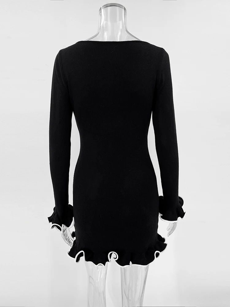 Sexy Slim Fit Langarm-Kurzrock für Damen, einfarbig, leichter Duft, elegantes Kleid mit Rüschenrand für Damen_voghion.com