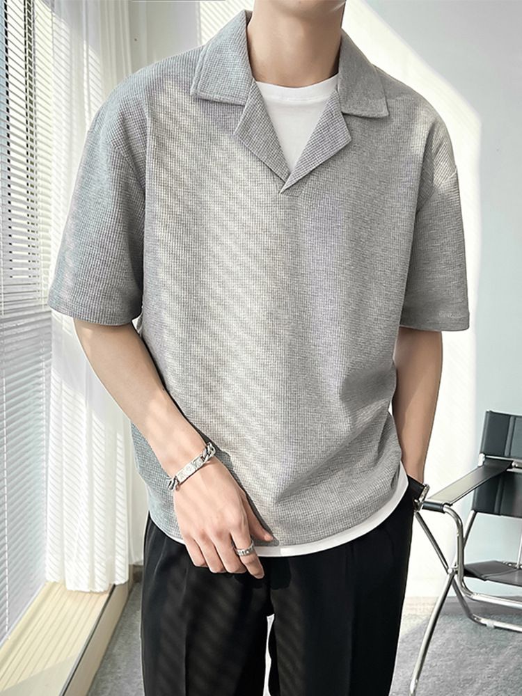 Trendy Cuban Collar T-shirt Men's Short Sleeved Casual Loose Shoulder Half Sleeved Shirt_voghion.com