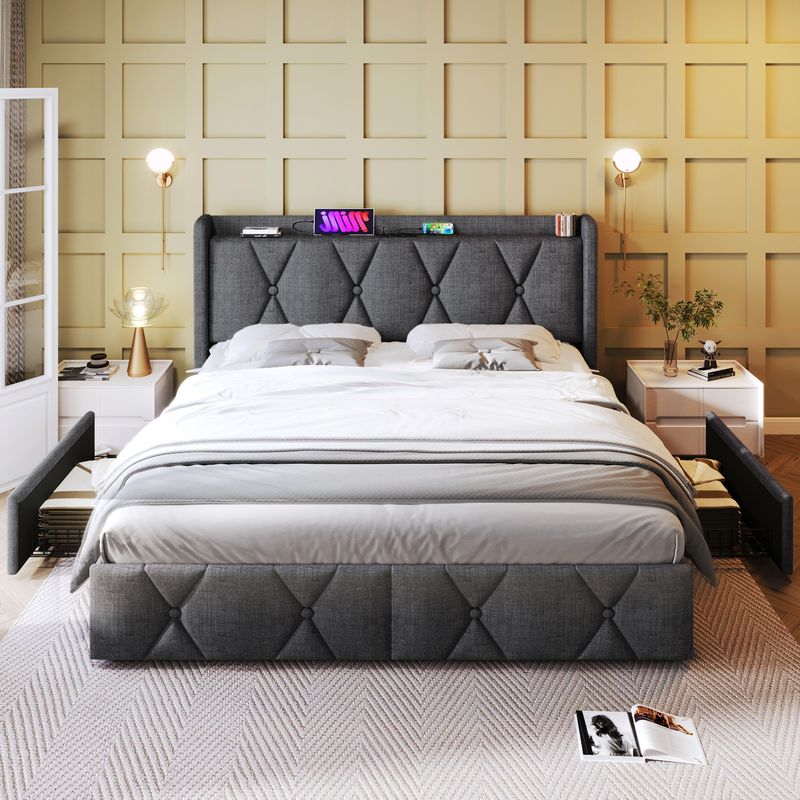 Cadre de lit double avec rangement 140 x 200 cm, avec port USB, tête de lit capitonnée et 4 tiroirs, sommier à lattes en bois gris (avec matelas)_voghion.com