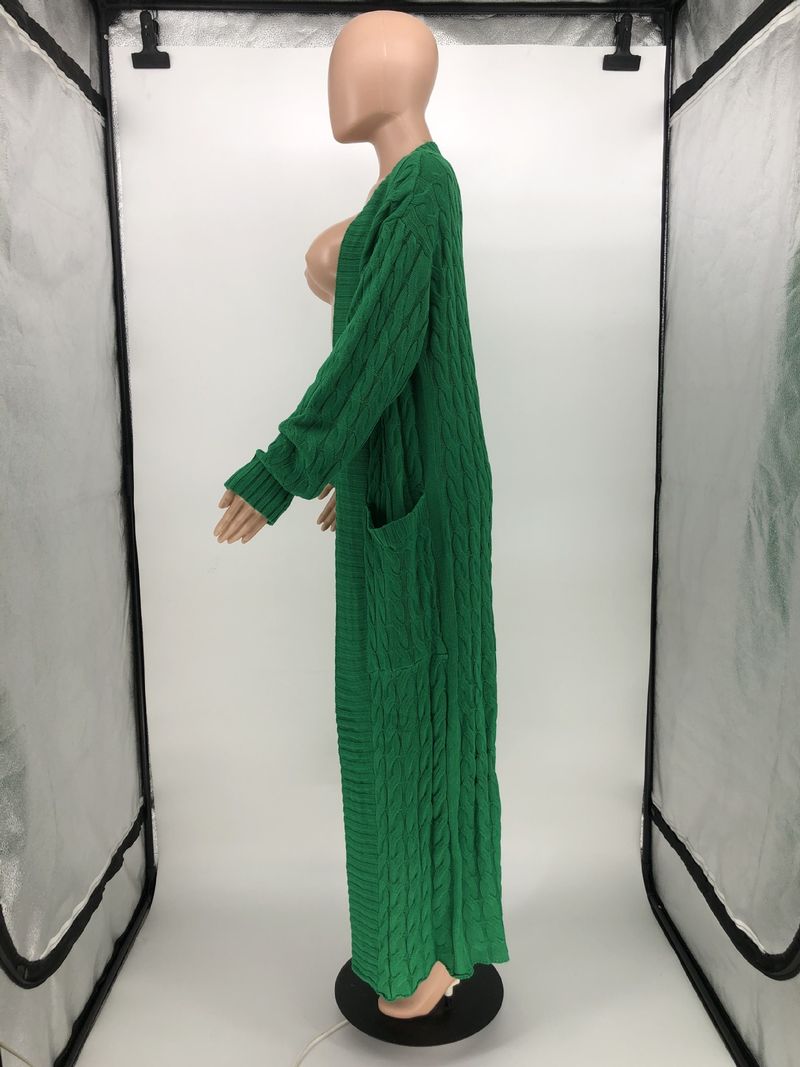 Damenbekleidung Locker gestrickte Strickjacke, gemütliche, übergroße Strickjacke mit Taschen, langer Zopfmuster-Pullovermantel, lockerer Boho-Chic, offene Vorderseite_voghion.com