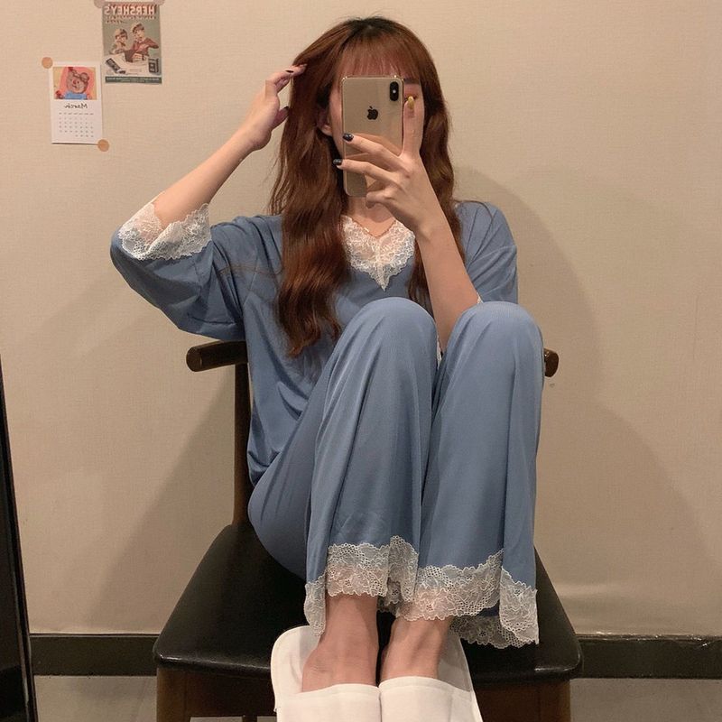 Pigiama casual e comodo in seta ghiacciata da donna, estivo e autunnale, nuovo set di due pezzi in pizzo con pantaloni a maniche lunghe_voghion.com