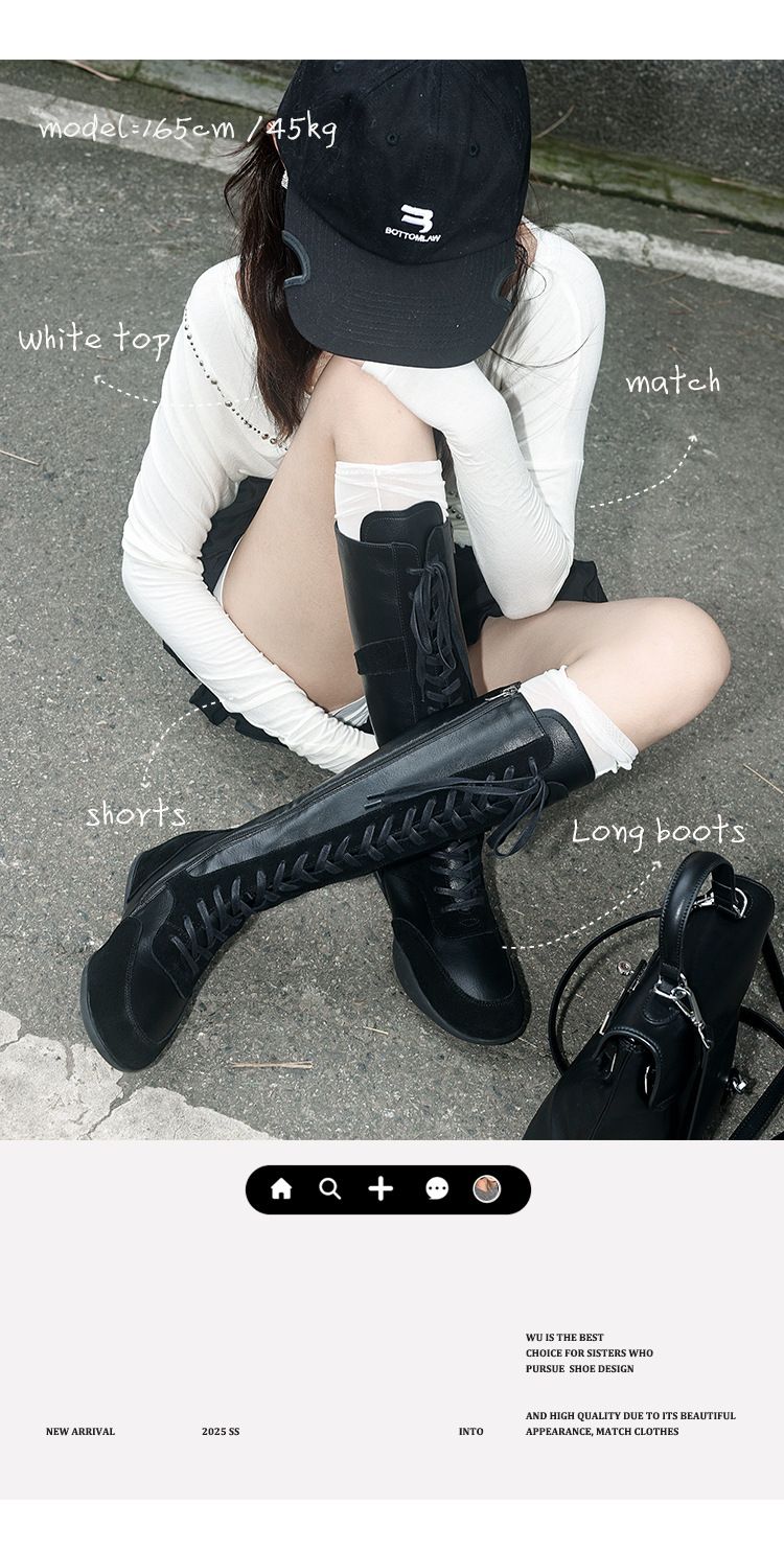 Stivali da boxe da donna, stile dolce e fresco, stile Blogger, con tubo alto, da boxe, autunno inverno 2025, con tacco basso, in pelle scamosciata, patchwork, casual_voghion.com