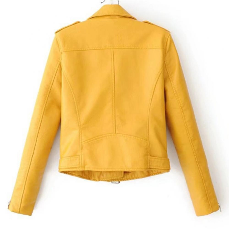 Lady Leather Long Sleeve Lapel Zipper Button Pocket Motorcycle Jacket Short Coat_voghion.com