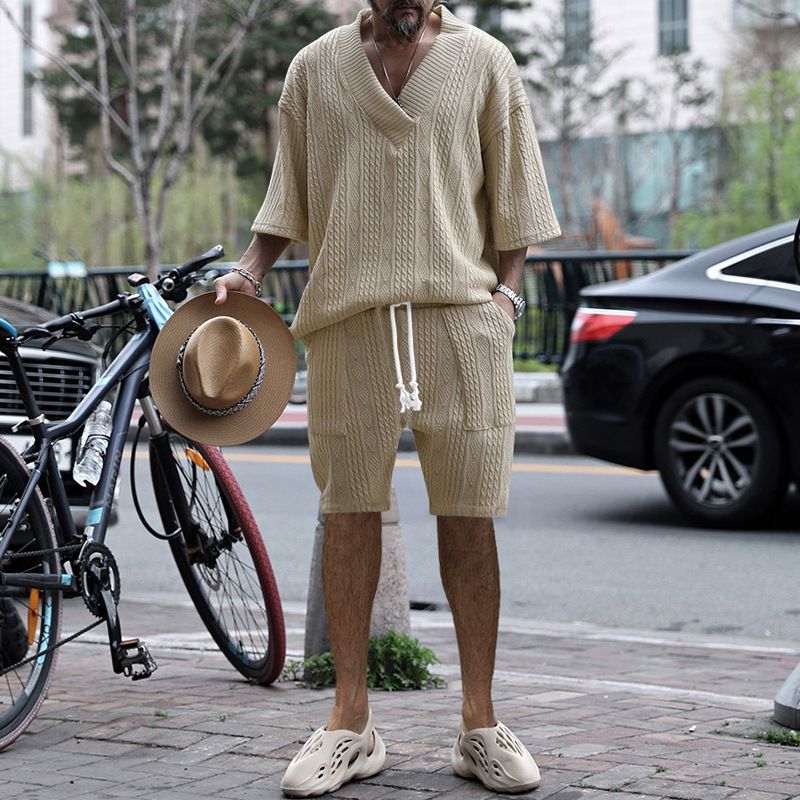 Moška oblačila za prosti čas, ohlapni tričetrtinski rokavi, žakard pleten pulover, zgornji del, kratke hlače, moška obleka_voghion.com