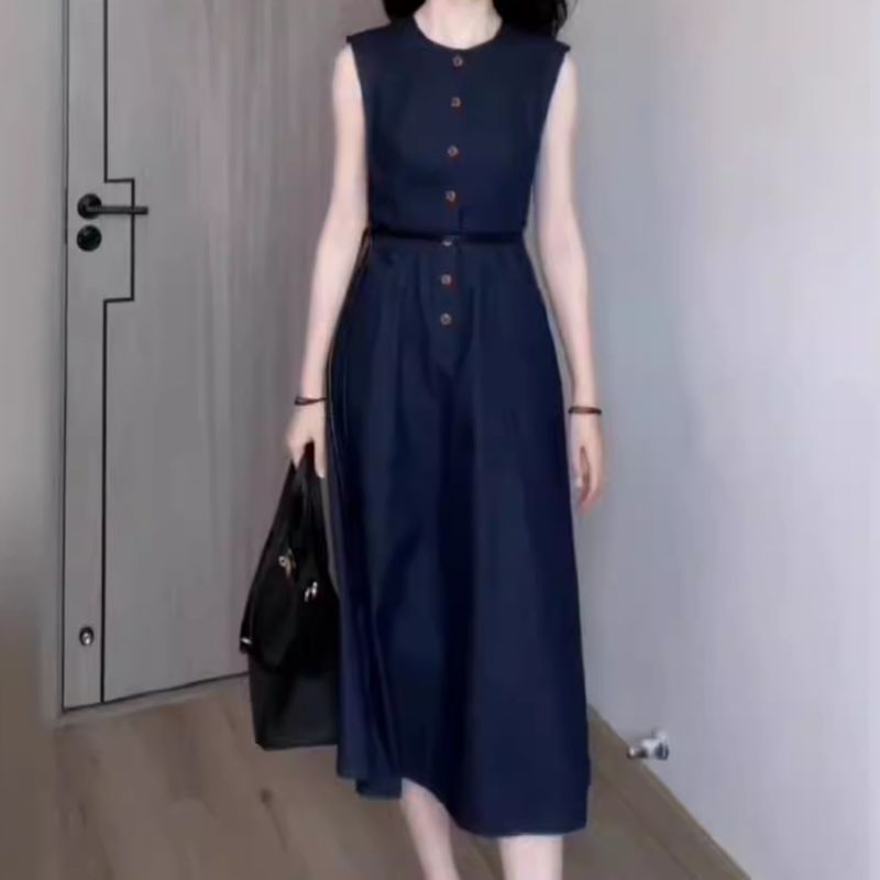 French Blue Denim Sleeveless For Commuting, Slimming A-Line Vest Dress, High-End Exquisite Temperament Long Dress_voghion.com