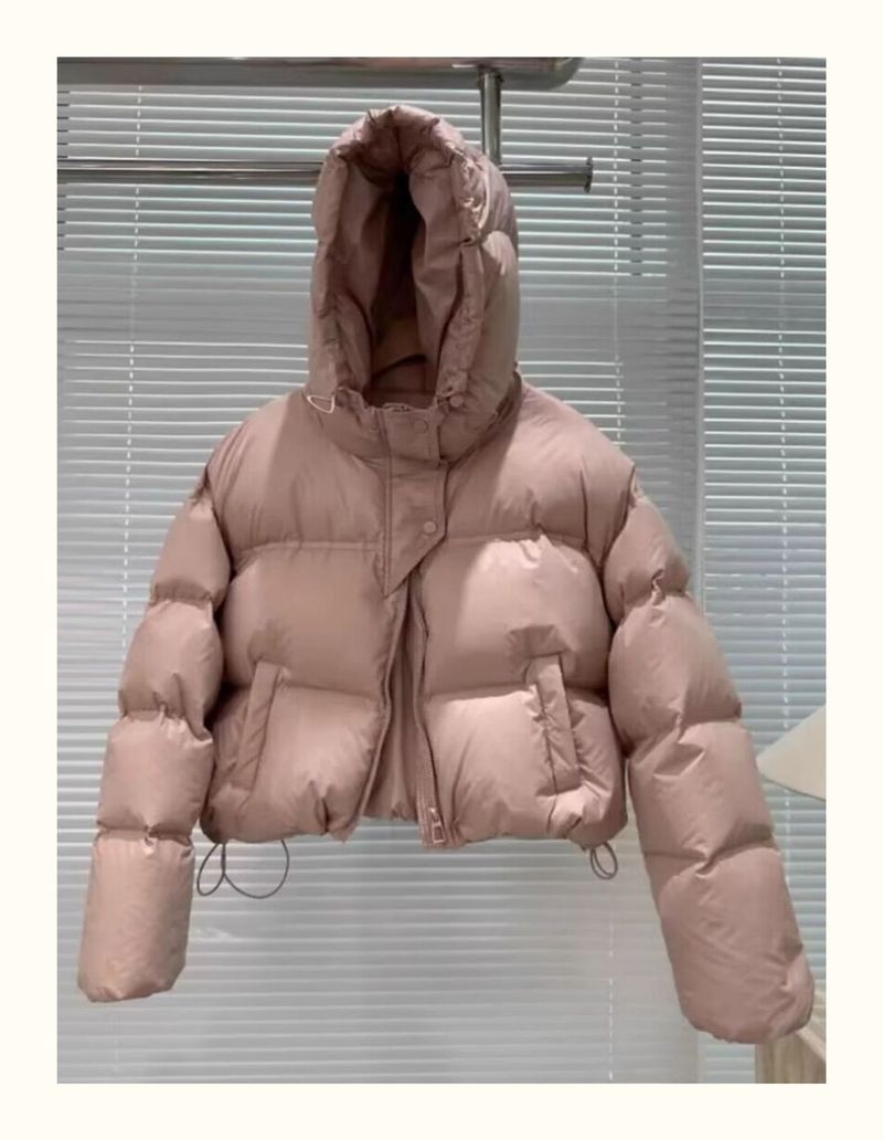 Women's Short Puffer Jacket With White Duck Down, Oversized Winter Coat For Petite, Korean Style Hooded Warm Outerwear_voghion.com