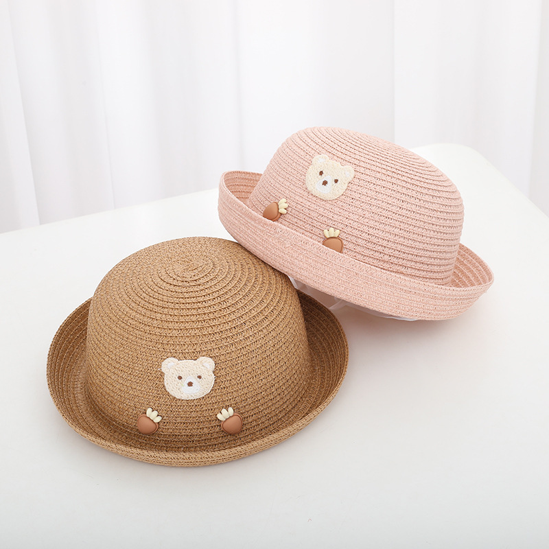 Little Fresh Gewelltes Stroh-Set für Kinder, Sommer, Mädchen, Reise, Cartoon-Muster, Strand, Sonnenschirm, Hut, Tasche_voghion.com