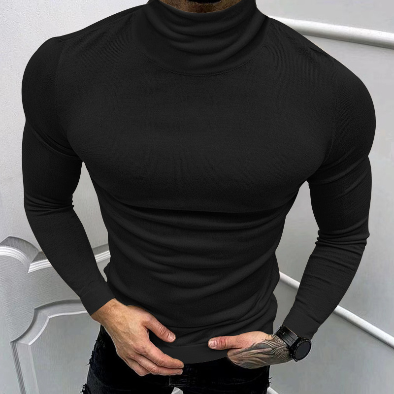 2023 Herbst Winter Langarm T-Shirt Herren Einfarbig High Neck Base Layer Unterhemd T-Shirt Top_voghion.com