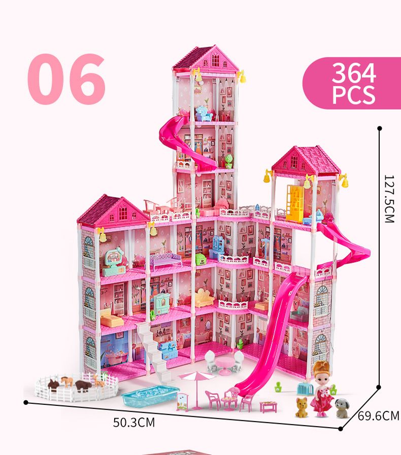 Mutter & Kinder Prinzessinnenschloss Spielhaus Spielzeug Mädchen DIY Puppenhaus Pool Balkon, Mehrzimmer Villa Spielset, Rollenspiel Geschenk für Kinder (2 Etagen, 4 Zimmer)_voghion.com