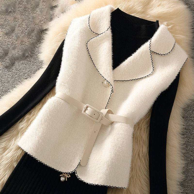 Women's Clothing Autumn Mature Suit Temperament Lady Suit Collar Vest Sweater Hip Skirt Three Piece Suit_voghion.com