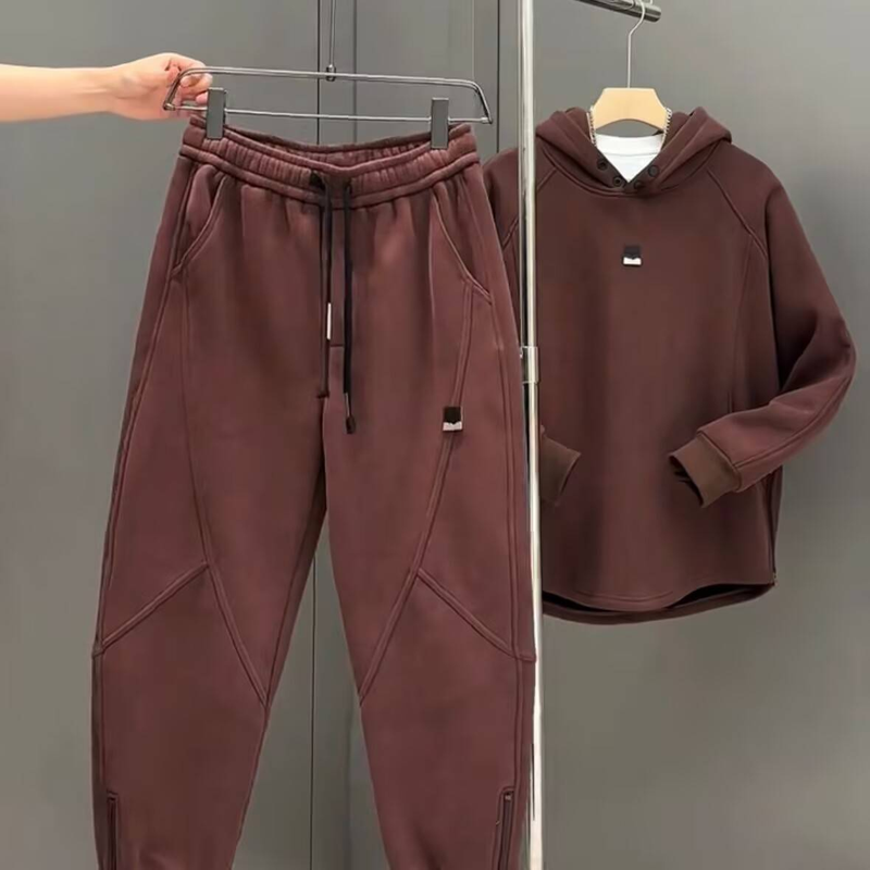 Costum sport casual pentru bărbați, costum de toamnă și iarnă la modă, plus catifea, costum sport casual pentru bărbați, hanorac cu glugă lejeră și pantaloni de trening, costum din două piese_voghion.com