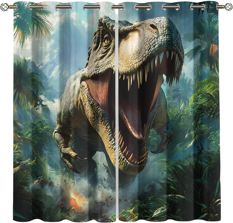 Primeval Forest 3D Dinosaur Blackout Curtains, Jurassic Tyrannosaurus Rex Patterned Curtains, Thermal Insulated Blackout Curtains For Bedroom_voghion.com