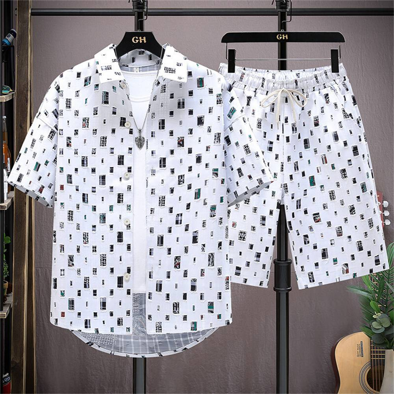 Été 2025 Mode 2 pièces Ensemble Survêtement Homme 100% Coton Deux Chemises Shorts Haruku Streetwear Ensembles Oversize Tenues Courtes Costumes M-4XL_voghion.com