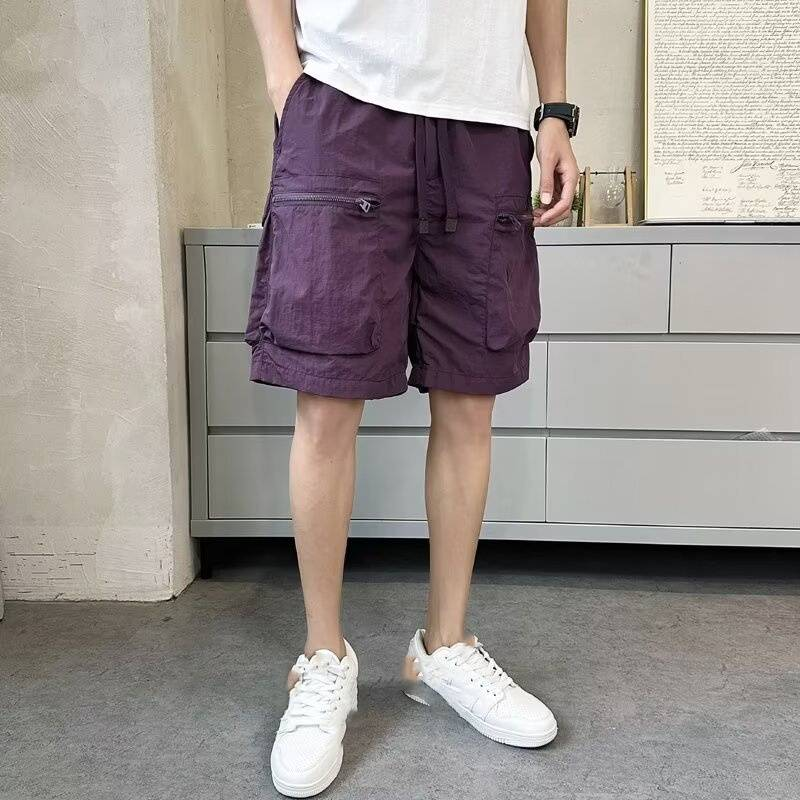 Snel drogende zomerse, dunne, effenkleurige, losse werkbroek met meerdere zakken voor heren, 5-inch casual, trendy merk sportbroek_voghion.com