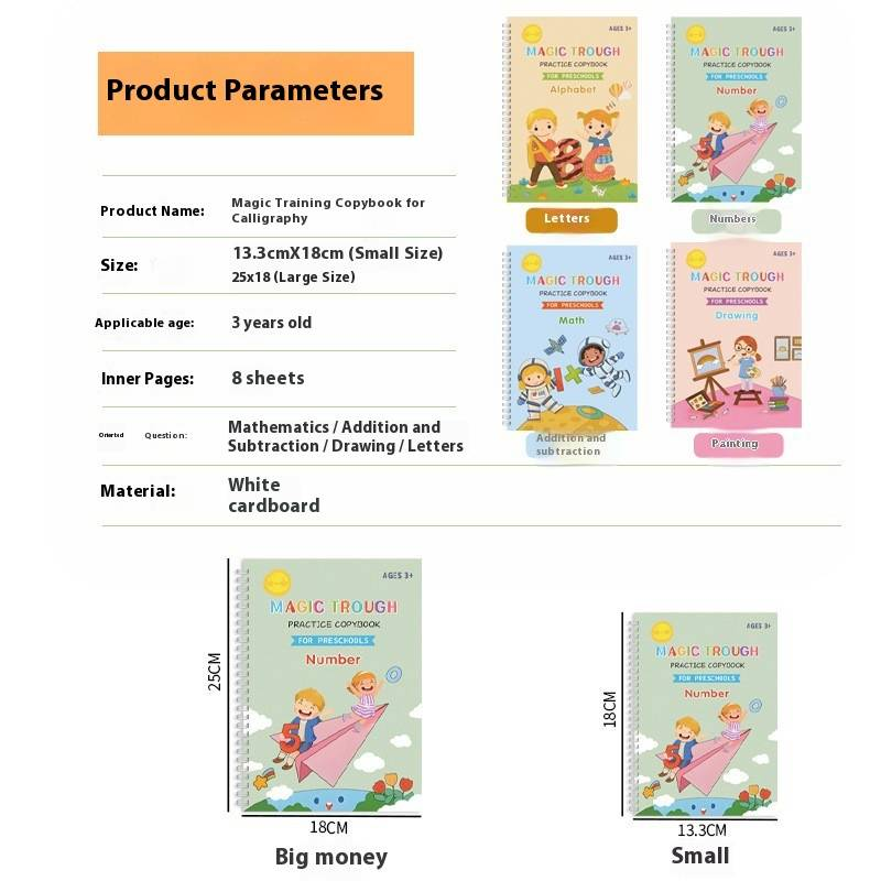 Reusable Groove Calligraphy Practice Copybook For Kids - 4 Books Set With 5/10 Pens (Large Size) - Fun Handwriting Training For Beginners_voghion.com