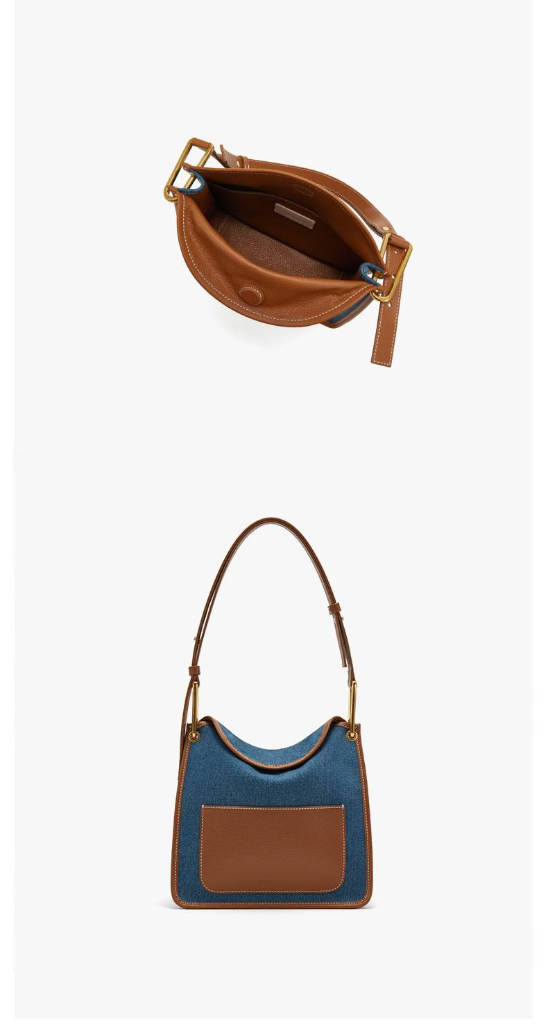 Bolsa de ombro tote jeans Vanessa Jeans da COCCINELLE, tecido azul com acabamento em couro marrom, estilosa e prática para o uso diário_voghion.com