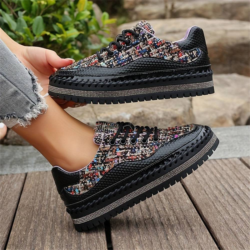 High Quality Fashion Sneakers Women's Artificial PU Splicing Diamond Inlay Top Lace-Up Lace-Up Thick Sole Non-Slip Wear-Resistant Running Shoes 36-45_voghion.com