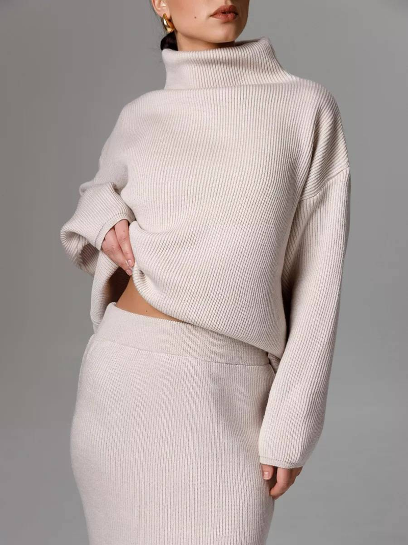 Knitted High-neck Sweater & Slim-fit Skirt Set – Elegant Two-piece Outfit In Beige, Olive Green, White, Green, Yellow, Light Gray, Emerald, Black_voghion.com