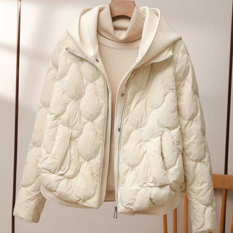 Women's Short Puffer Jacket With Knit Panel Design, Premium White Duck Down Hooded Coat For Winter (Beige, Khaki, Black)_voghion.com
