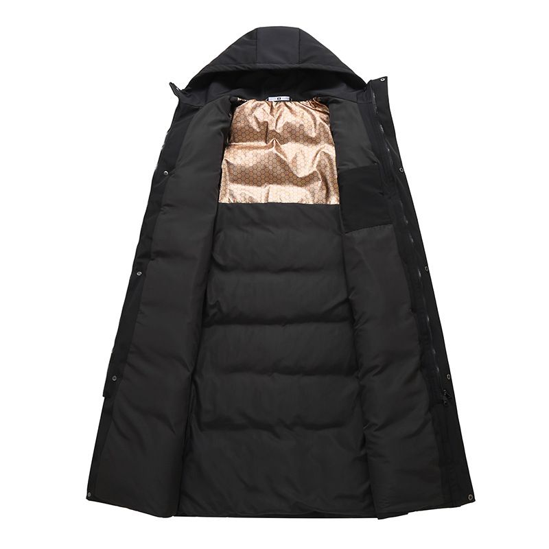 Herrenbekleidung Langer Wintermantel für Herren mit Kapuze, knielange, verdickte Polyesterjacke, schmal geschnittener Mantel mit Reißverschluss für den lässigen Alltag_voghion.com