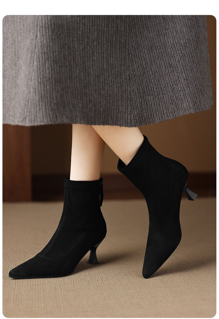 Cameido Women's Pointed Toe Thin Heel High Heel Short Boots Velvet Stretch Slim Fashion Boots_voghion.com