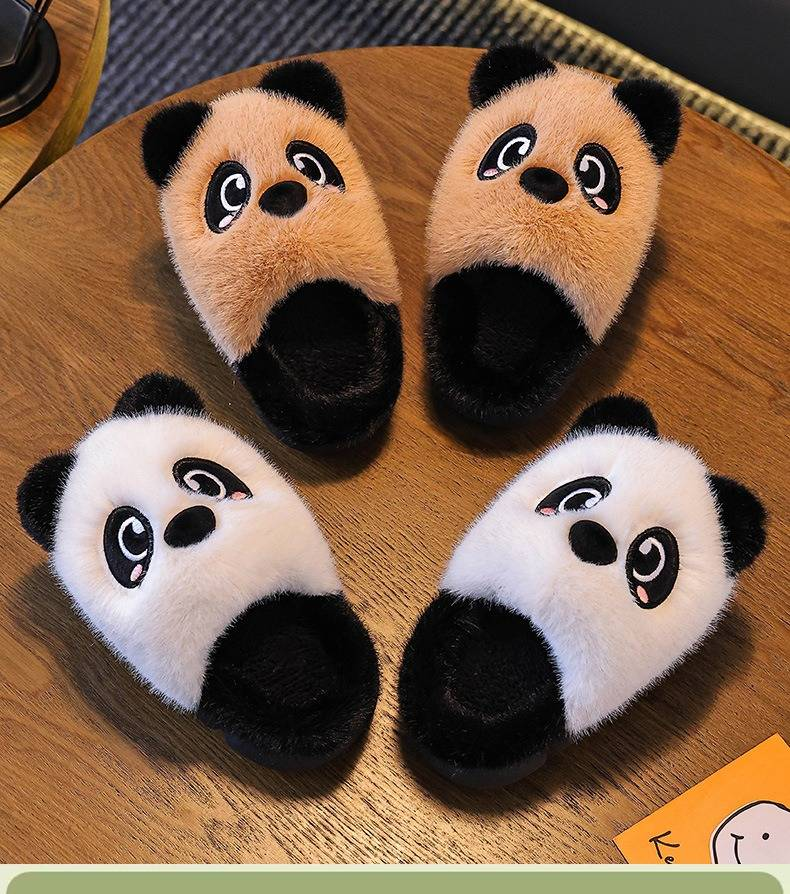 Pantofole di peluche a forma di panda per bambini - Calde pantofole invernali foderate in pile per bambini e bambine (taglie 24-36, bianco/marrone)_voghion.com