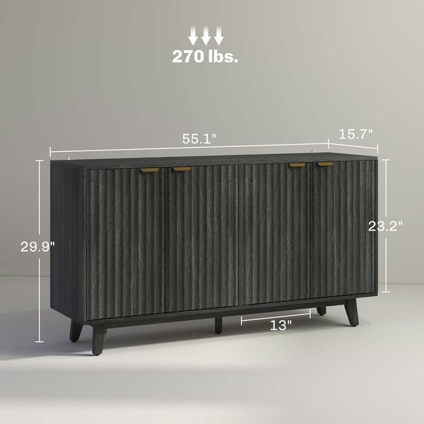HOMCOM Fluted Sideboard Buffet Cabinet, 55' Coffee Bar Cabinet With 4 Doors, 2 Adjustable Shelves, 5 Wood Legs, Distressed Gray_voghion.com
