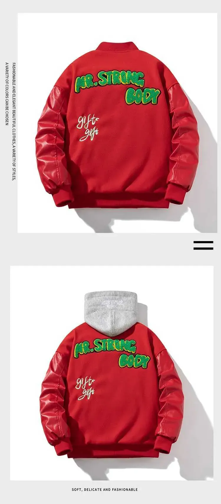 Vestes en cuir, vestes rouges : veste de baseball tendance, vestes d'hiver en fourrure pour hommes - Parka chaude boutonnée style universitaire_voghion.com