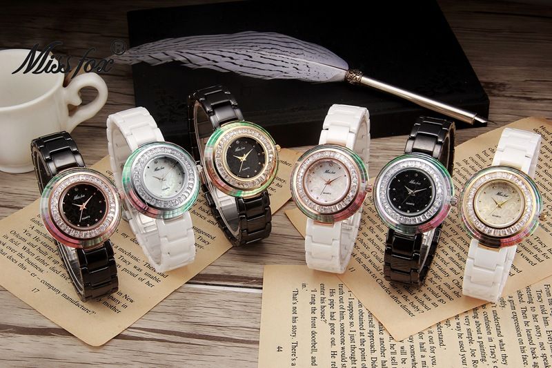 MISSFOX Fashion Trend Crystal Circle Simple Casual White Ceramic Ladies Watch_voghion.com