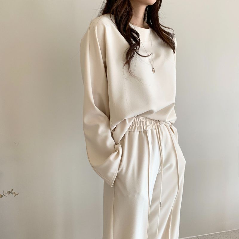 Damenbekleidung Frühfrühling Lazy Loose Sweater Hohe Taille Cover Meat Lässiger Hosenanzug mit weitem Bein für Damen_voghion.com