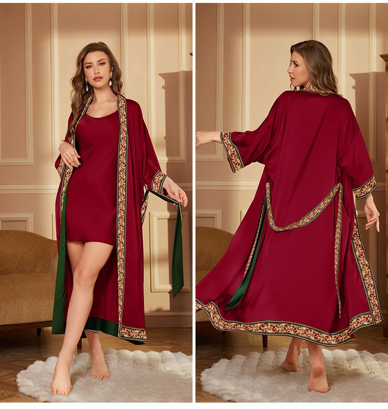Luxe satijnen chiffon kamerjas - elegante loungewear- en nachtkledingset voor dames met transparante draperie (zwart, wijnrood, saliegroen)_voghion.com