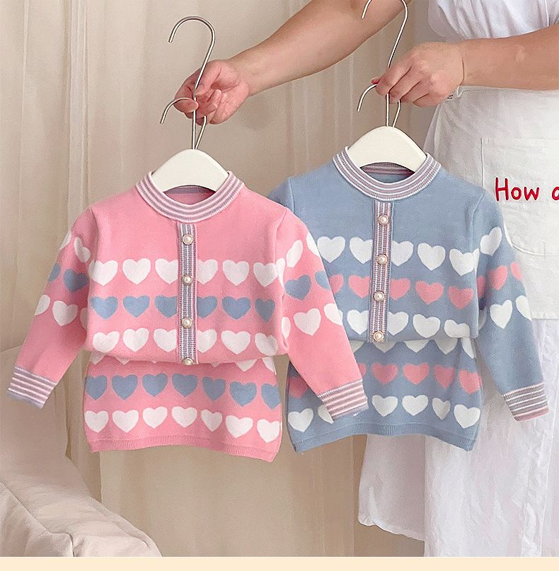 JINYONG Filles Printemps Nouvel Amour Cardigan Enfants Bébé Pull Ensemble Deux Pièces Jupe_voghion.com