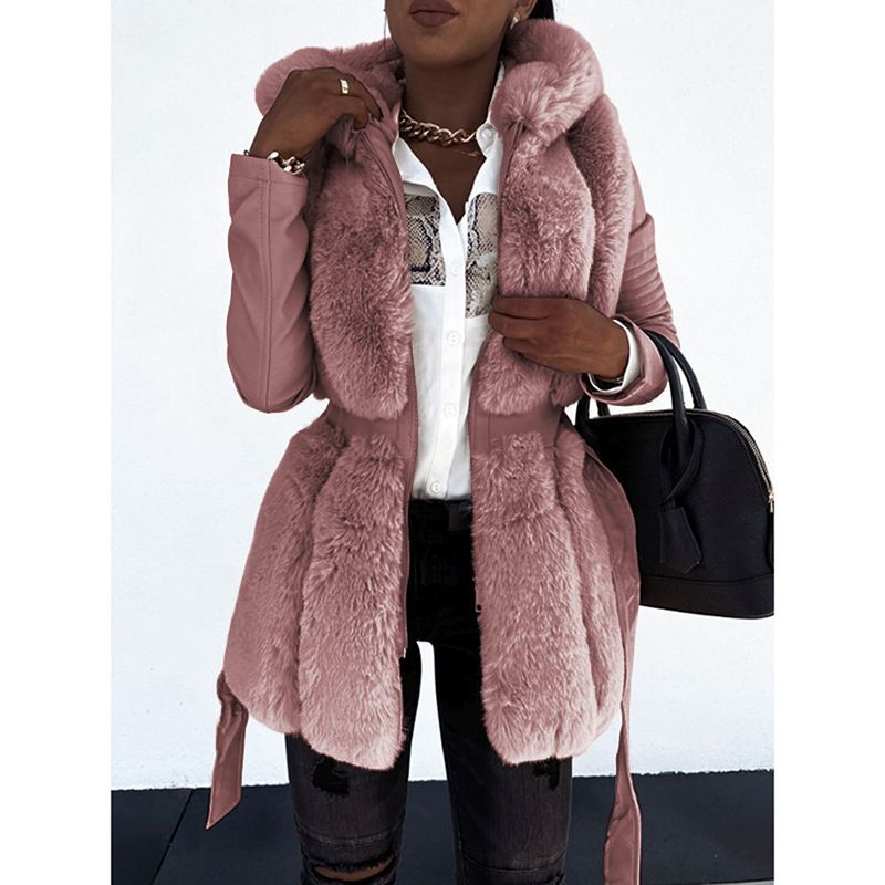 Women's fashion fur Coat with belt and hooded solid color zipper jacket_voghion.com